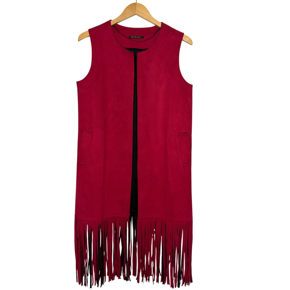 RIVA Woman Faux Suede Vest Large Red Fringe Open Front Longline Sleeveless